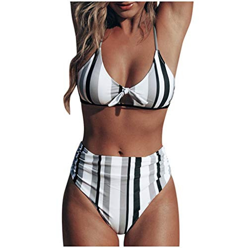 HJuyYuah Women Bikini Set High Waist Swimwear Stripe Print Swimwear Bathing Suit Beachwear -XL  White-