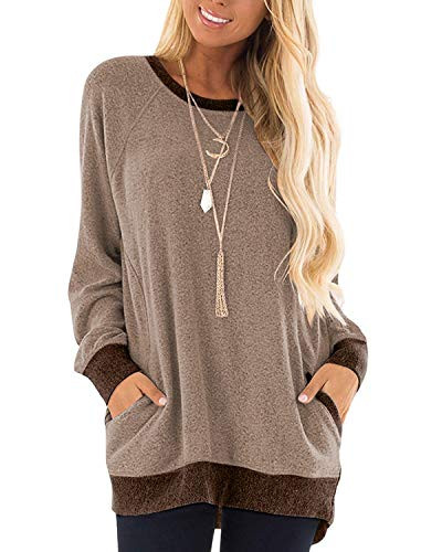 WEKILI Women_s Color Block Long Sleeve Tunic Tops Crew Neck Sweatshirt Pockets Loose Casual Blouse Shirts Coffee L