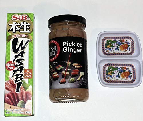 S and B Premium Wasabi Paste in Tube  1.52 Ounce Bundled with Sushi Chef Pickled Ginger and Double Small Dish