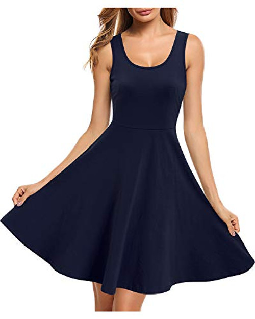 STYLEWORD Women_s Sleeveless Casual Cotton Dresses Summer Fit and Flare Midi Dress-Navy XL-