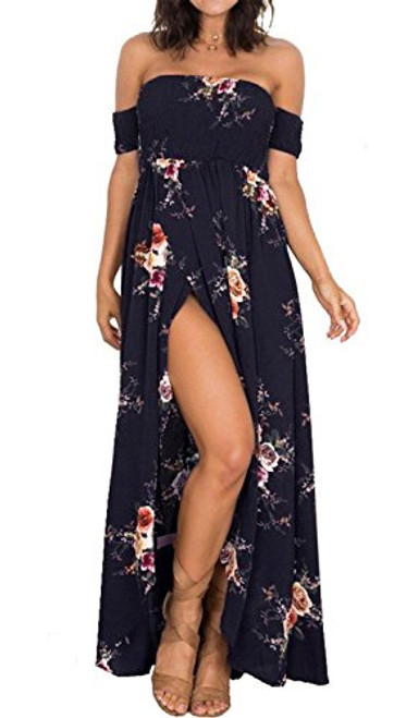 Beach Off Shoulder Dresses for Women Floral Wedding Guest Maxi Dress Navy Blue XS Beach Off Shoulder Dresses for Women Floral Wedding Guest Maxi Dress Navy Blue XS