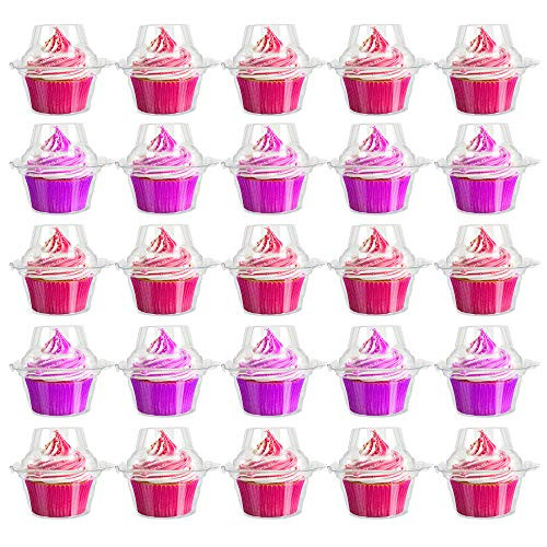 Picowe 50 Pack Individual Cupcake Container Plastic Clear Cupcake Carrier Holder Boxes Single Compartment Carrier Muffin Holder with Connected Airtight Dome Lid for Wedding Birthday Party