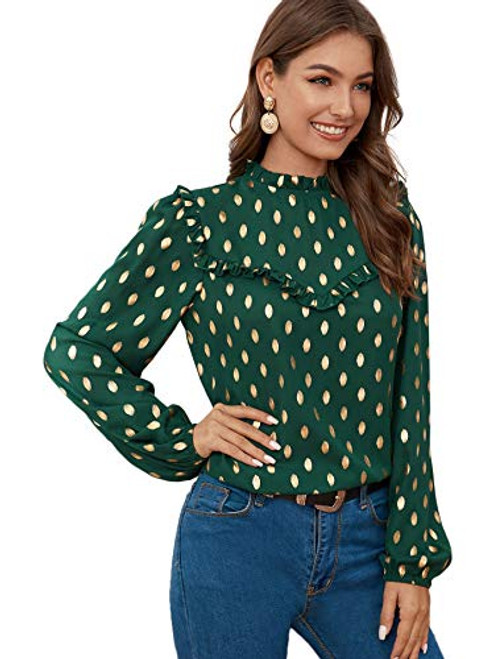 SOLY HUX Women_s Frill Trim Long Sleeve Metallic Dots Print Top Blouse Green XS
