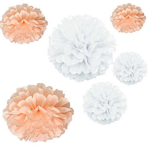 Joinwin® 12PCS Mixed Sizes White Peach Tissue Paper Flower Pom Poms Pompoms Wedding Birthday Party Nursery Decoration