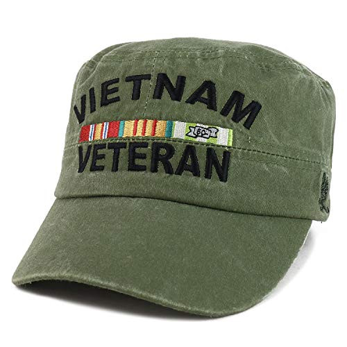 Armycrew Vietnam Veteran Ribbon Embroidered Washed Pigment Dyed Flat Top Cap - Olive