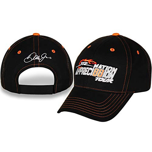 NASCAR Dale Jr Black Appreciation Tour Twill Hat  with Orange Stitching Dale Jr. 88 on Front Panel and Jr._s Signature Embroidered on Back