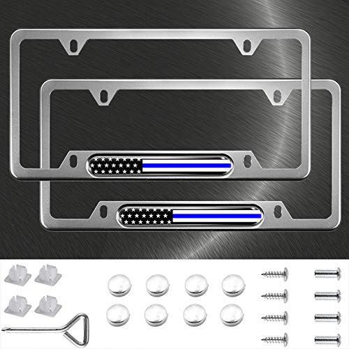 2PACK Thin Blue Line License Plate Frame Thin Top - Narrow Top Car U.S. American Flag License Plate Holder - Thin Blue Line Insert with Free caps - Silver