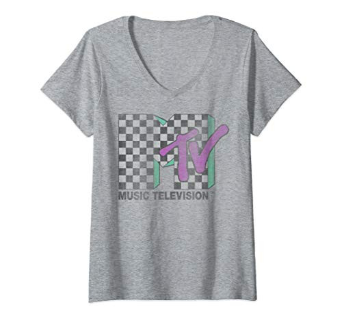Womens MTV Checkered Distressed Retro Logo V-Neck T-Shirt