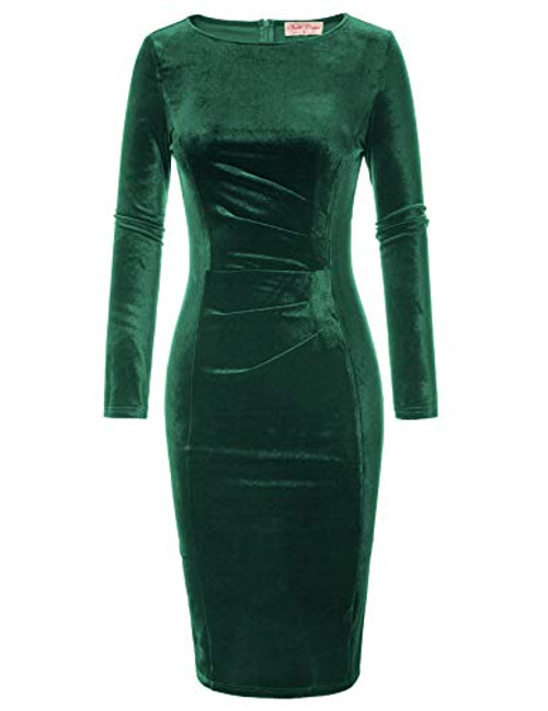 Belle Poque Women_s Long Sleeve Velvet Stretchy Bodycon Pencil Dress Dark Green Size XL