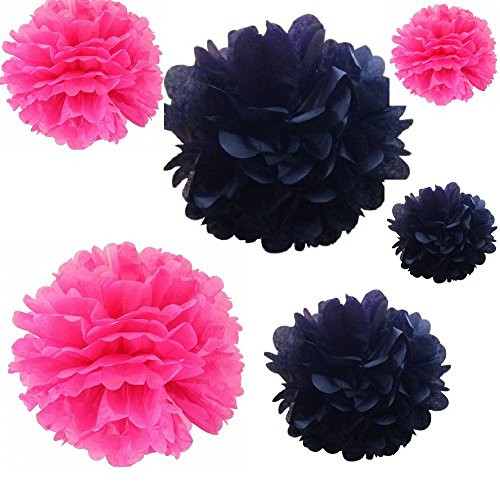 Joinwin® 12PCS Mixed Sizes Hot Pink & Black Tissue Paper Flower Pom Poms Pompoms Wedding Birthday Party Decoration