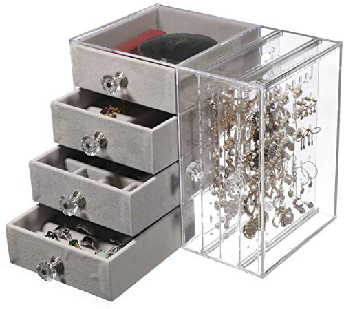 Cq acrylic Jewelry Box for Women with 4 Drawers Hanging Velvet Jewelry Organizer for Earring Bangle Bracelet Necklace and Rings Storage Clear Acrylic Jewelry case Gray Cq acrylic Jewelry Box for Women with 4 Drawers Hanging Velvet Jewelry Organizer for Earring Bangle Bracelet Necklace and Rings Storage Clear Acrylic Jewelry case Gray