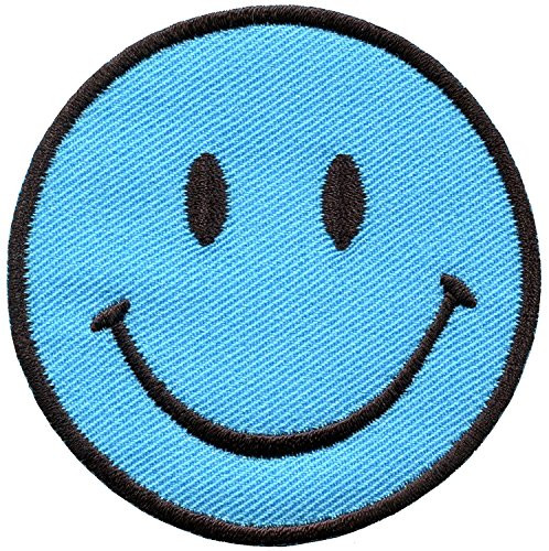 2.56 inches.Smiley face blue boho 70_s retro smile fun embroidered applique iron-on patch new