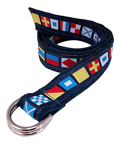 Skippers D-Ring Nautical Code Flags Belt on Navy Webbing  Silver D-Ring XS -Pant Waist 26-28-