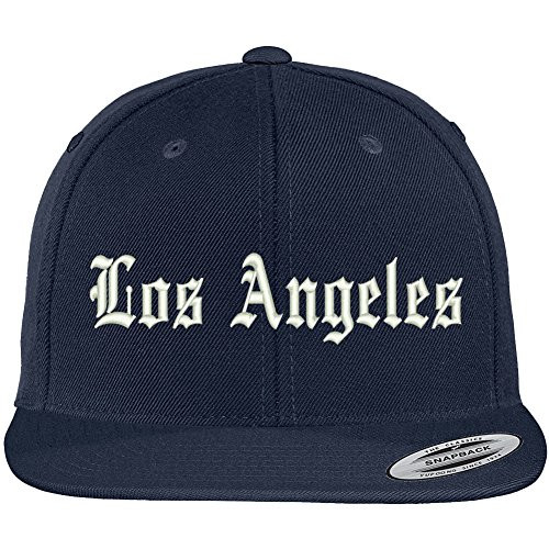 Trendy Apparel Shop Los Angeles City Old English Embroidered Flat Bill Snapback Cap - Navy