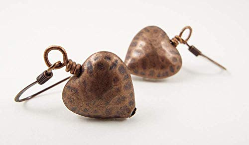 Copper Puffy Heart Dangle Earrings Oxidized  and  Hammered