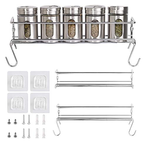 Spice Rack Organizer For Cabinet Door  Kitchen Storage Pantry Organizers Spice Shelf  Chrome Tiered Hanging Shelf for Spice Jars and Seasonings- Spice rack wall mount with S hooks -Silver- 2 Sets-