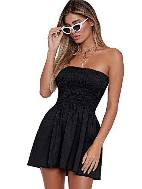 just quella Women_s Summer Cover Up Strapless Dresses Solid Tube Top Beach Mini Dress -XS  Black-