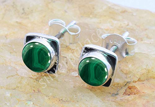 925 Sterling Silver Green Malachite Stud Earrings- Girl Women Malachite Stone Gemstone Stud Post Earrings Jewellery