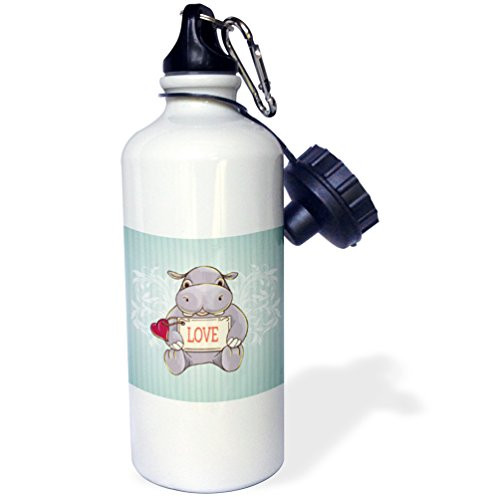 3dRose wb_119045_1 "Cute Hippopotamus Holding Love Sign With Heart With Blue Striped Background Valentine Or Any Day" Sports Water Bottle, 21 oz, White