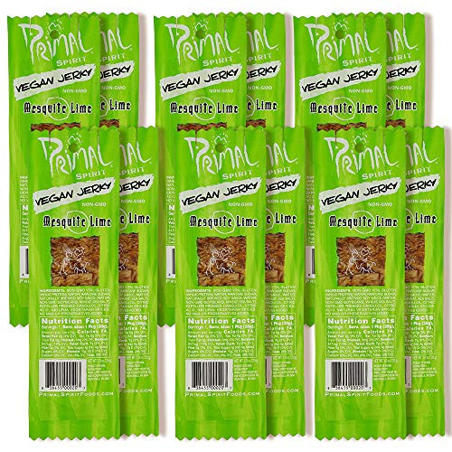 Primal Spirit Vegan Jerky   Classic Flavor   Mesquite Lime  10 g. Plant Based Protein  Certified Non-GMO  No Preservatives  Sports Friendly Packaging -12 Pack  1 oz-