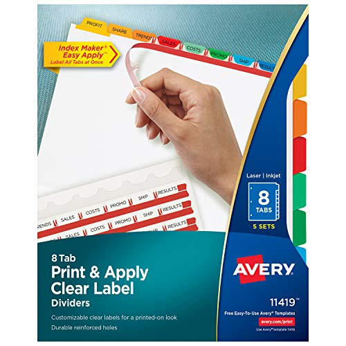 Avery 8-Tab Binder Dividers, Easy Print & Apply Clear Label Strip, Index Maker, Multicolor Tabs, 5 Sets (11419)