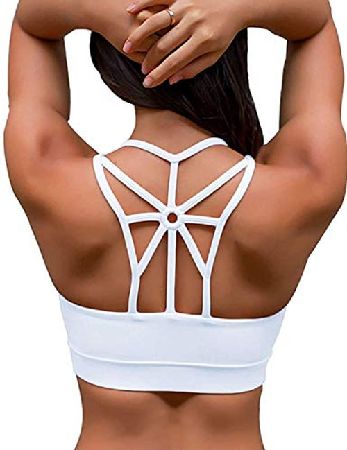 IMUZYN Strappy Sports Bras Medium Support Sports Bras Criss-Cross Back Womens Sports Bra Padded Yoga Bra Workout Fitness Running Wirefree Bras White S
