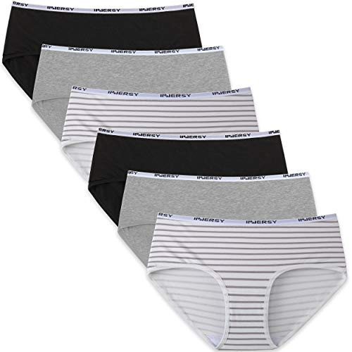 INNERSY Womens Cotton Sporty Underwear Hipster Panties Regular  and  Plus Size 6-Pack-Medium Black-Grey-Stripes-