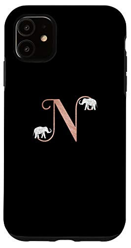 iPhone 11 Letter N rose pink  black phone case elephant  initial N Case
