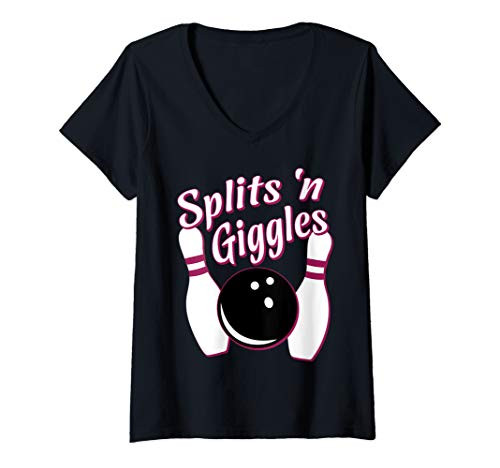 Womens Funny Bowling Team Splits _n Giggles V-Neck T-Shirt