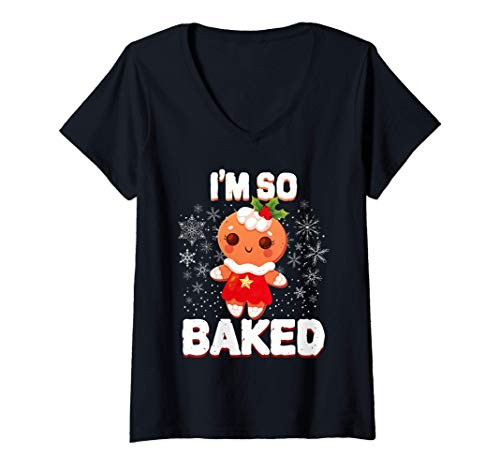 Womens I_m So Baked Gingerbread Man Christmas Funny Cookie V-Neck T-Shirt