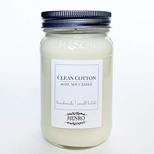Mason Jar Natural Soy Candle - Clean Cotton - handmade hand poured small batch 16 oz