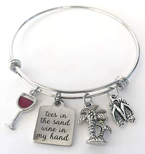 Toes in the Sand Wine in my Hand Bracelet - Jewelry Gift for Beach Lover Charm Bangle - Small-Med
