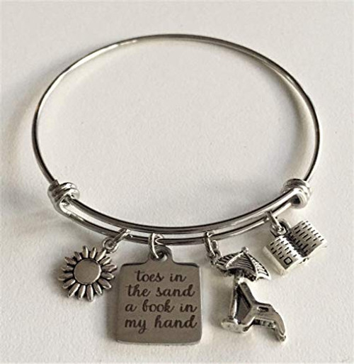 Toes in the Sand Book in my Hand Expandable Beach Lover Charm Bangle Bracelet - Small-Med