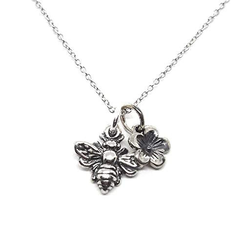 Bumble Bee Charm Sterling Silver Necklace with Flower Charm Necklace  18inch  -small size-