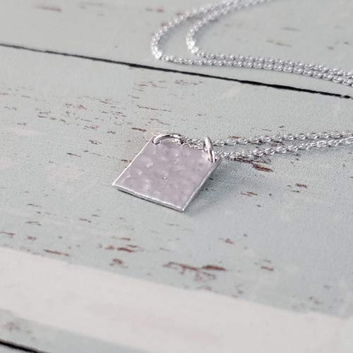 Sterling Silver Hammered Square Necklace  18inch  -small size  matte finish-
