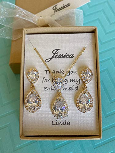 Gold Bridesmaid Jewelry with personalized message  Bridesmaids Proposals with Cubic Zirconia Jewelry in gift boxes