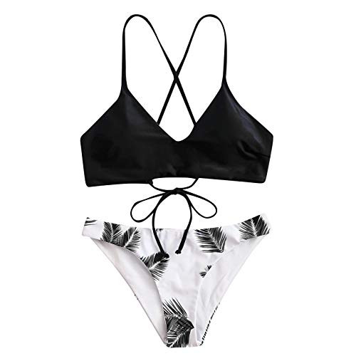 Two Piece Push Up Swimsuit for Women Padded Halter Bikini Swimwear Leaf Print High Waist Beachwear -XL Black-