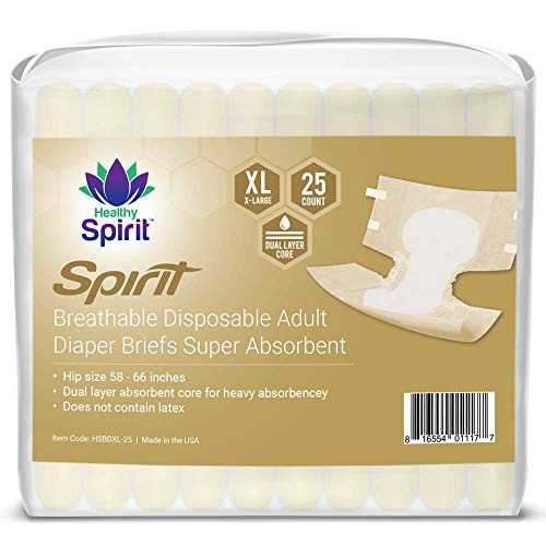 Healthy Spirit Breathable Disposable Adult Diaper Briefs for Incontinence Super Absorbent with Tabs  Extra Large  25 Count