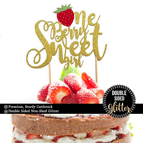 1 pcinch One Berry Sweet girlinch  script DOUBLE SIDED Gold Glitter Cake Topper for first Birthday Baby girl fruit Strawberry summer cake smash party
