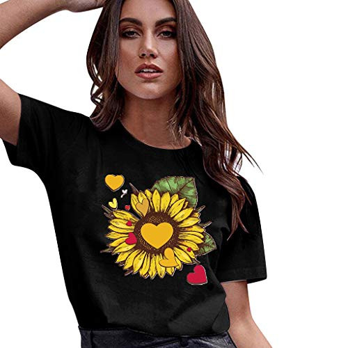 Plus Size Sunflower Printed T Shirts Womens Casual Short Sleeve Tees Summer Loose Blouse Tops -L Black- Plus Size Sunflower Printed T Shirts Womens Casual Short Sleeve Tees Summer Loose Blouse Tops -L Black-