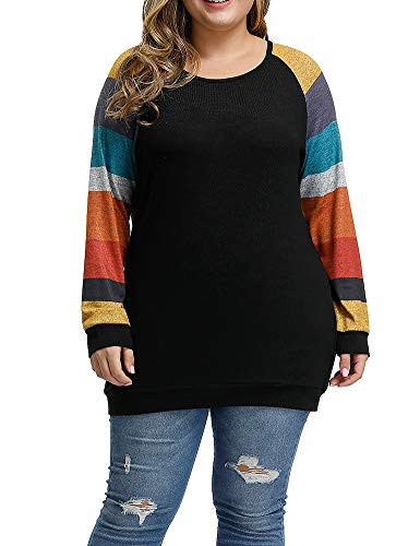 Allegrace Women_s Plus Size Tunic Tops Lightweight Knit Long Sleeve Shirts Color Block Loose Tunics Rainbow Sleeve Black 18W