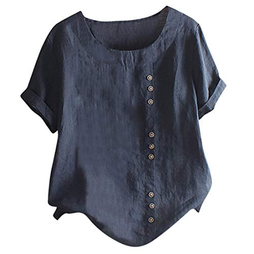 heavKin-Summer Women_s Ladies Plus Size Cotton Linen O-Neck 3 4 Short Sleeve Solid Color Button Tee Casual Tops Shirts T-Shirt Blouse -Navy  M-