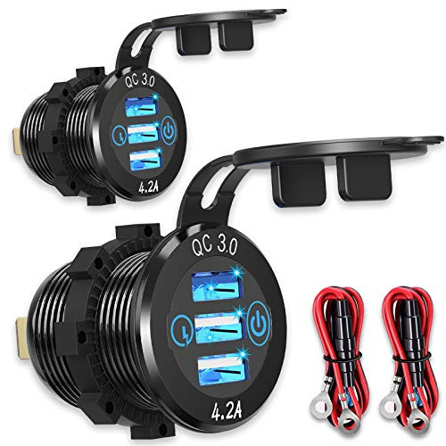 12V USB Aluminum Car Charger -2-Pack-  Qidoe Quick Charge 3.0 4.2A Triple USB Outlet 12V Socket with Touch Power Switch  Waterproof Car Adapter for Car Boat Marine Bus Truck Golf Cart RV Motorcycle