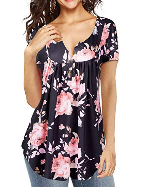 AMCLOS Womens Tops Floral Summer V Neck T-Shirts Swing Ruffle Blouses Button up Tunic Casual Flowy Loose Short Sleeve -A-Floral-01  X-Large-