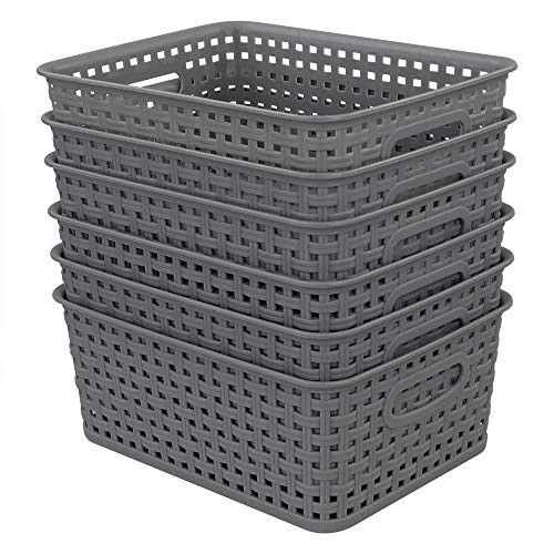 Neadas Grey Plastic Weave Wicker Storage Baskets  Rectangle  6 Packs