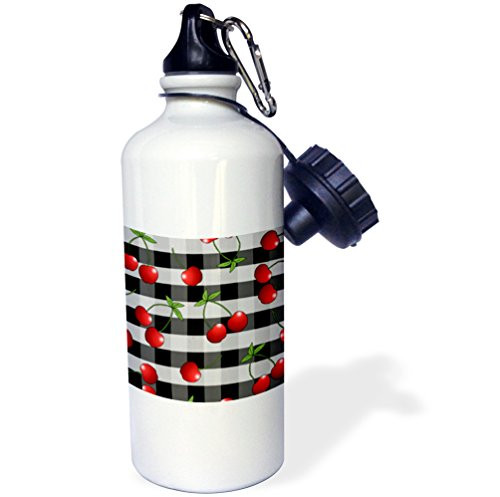 3dRose wb_24734_1 "Cherry Print Juicy Red Cherries on Black Check" Sports Water Bottle, 21 oz, White