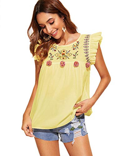 Romwe Women_s Sleeveless Floral Embroidery Ruffle Cotton Summer Boho Blouse Top Yellow XS
