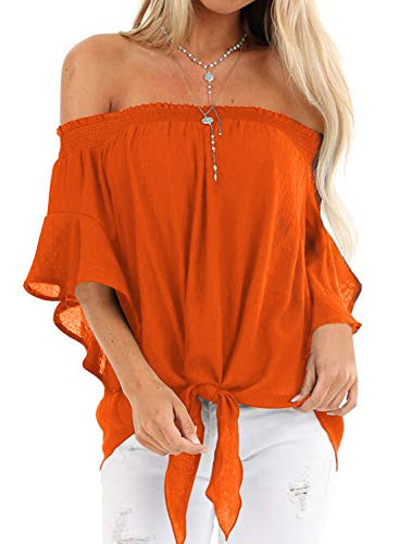 LEIYEE Womens Off The Shoulder Tops Summer Casual Ruffle Short Sleeve Front Tie Knot T Shirts Blouses Orange XL