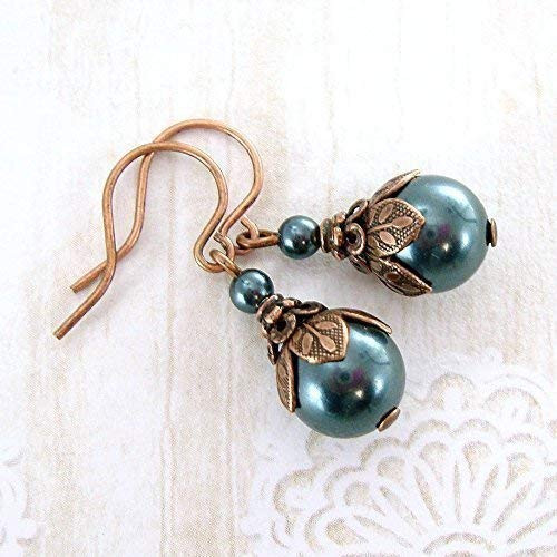 Dusky Teal Swarovski Simulated Pearl Earrings with Vintage Victorian Style Antiqued Copper Dusky Teal Swarovski Simulated Pearl Earrings with Vintage Victorian Style Antiqued Copper