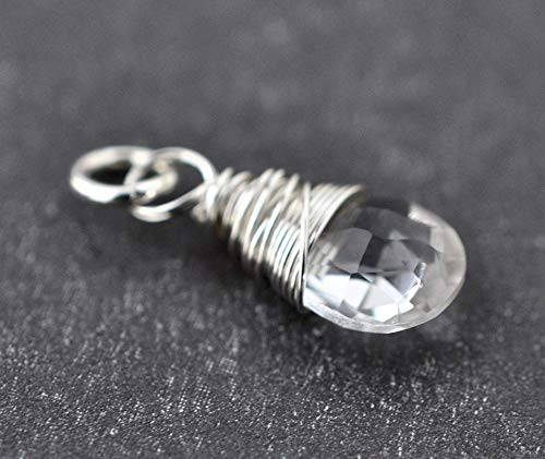 April Birthstone Charm for Necklace or Bracelet - Small Crystal Quartz Briolette Pendant Wire Wrapped in Sterling Silver